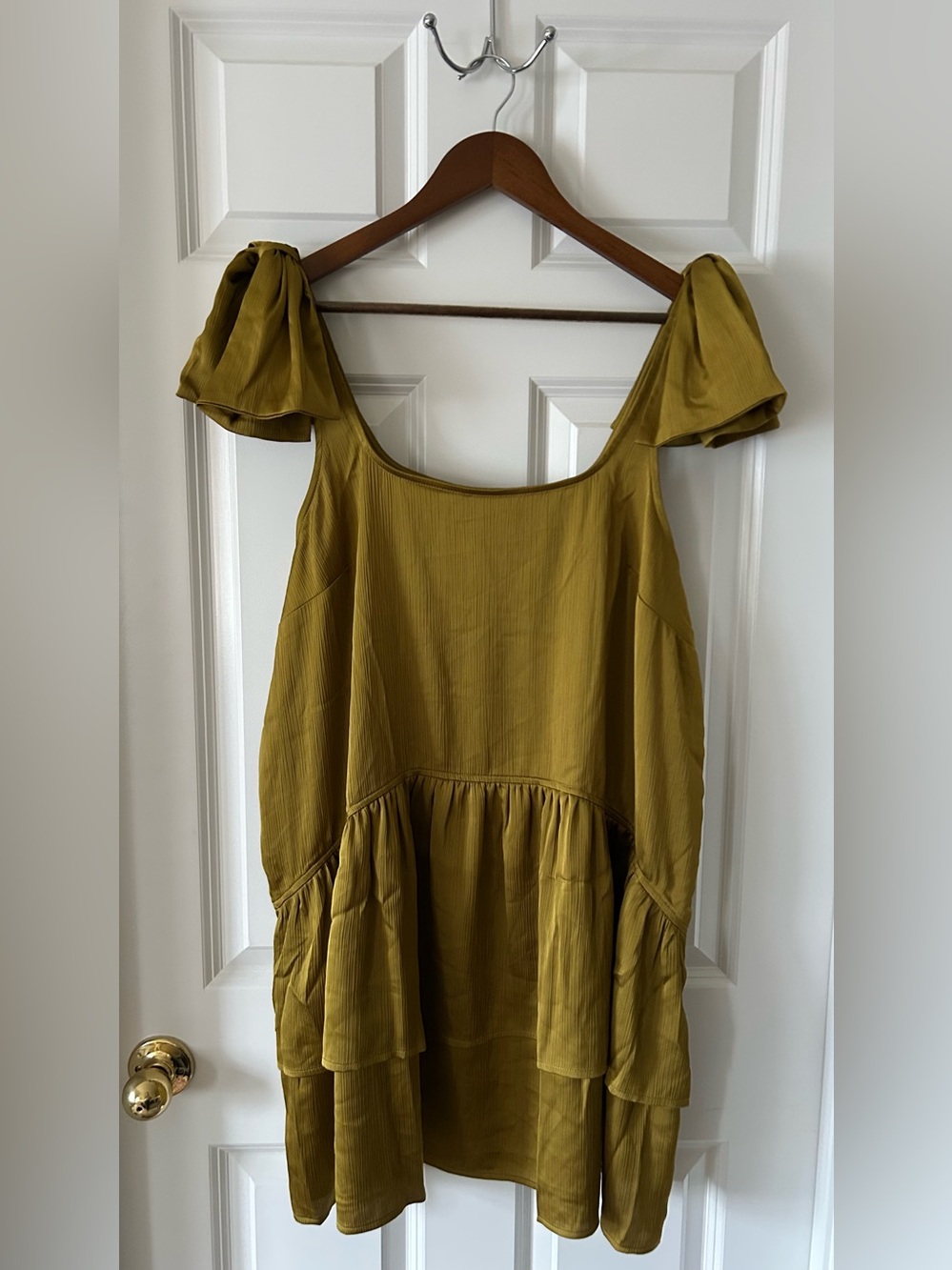 Olive Green Tiered Mini Dress with Tie-Shoulder Straps